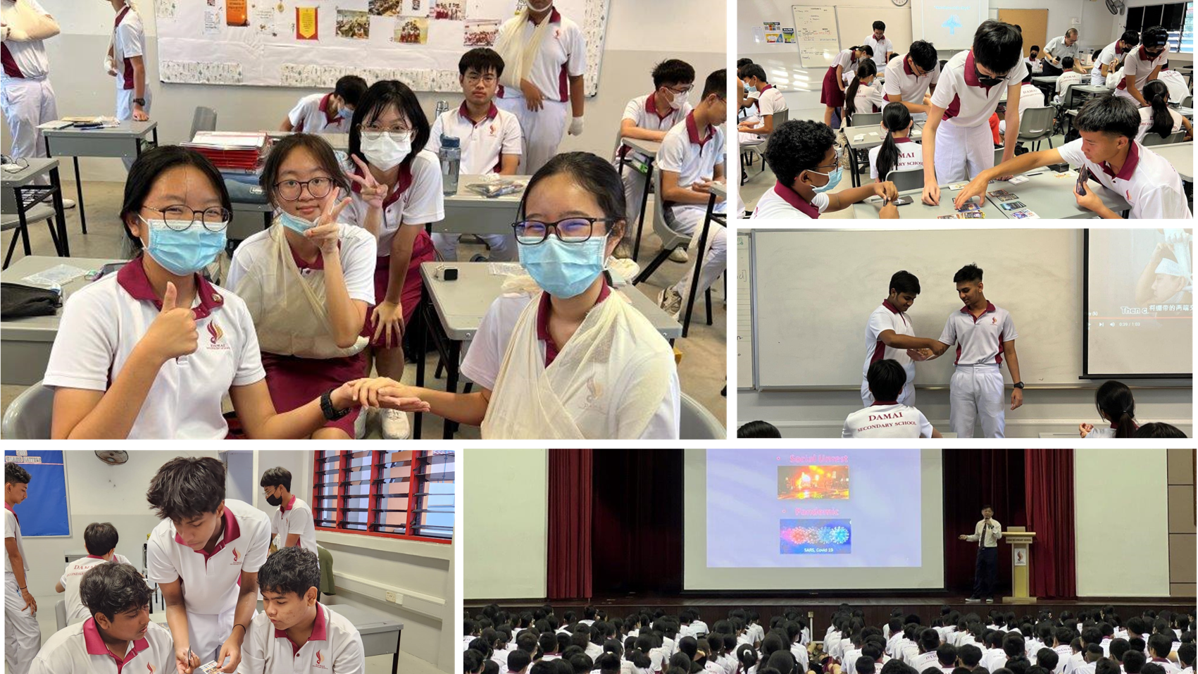 Collage of students in white uniforms in class and assembly, wearing masks, working at desks and presenting.